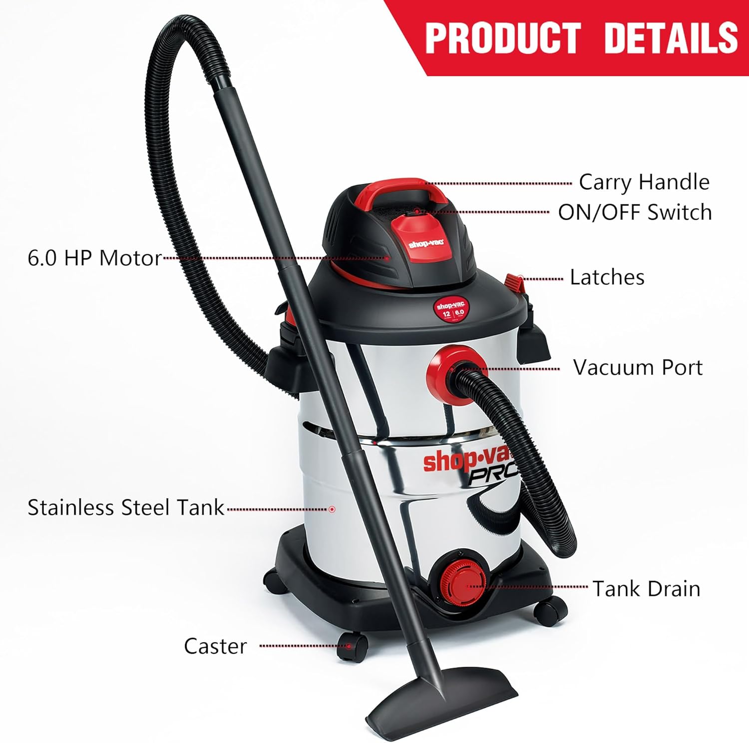 Shop-Vac® 12 Gallon 6.0 Peak HP Stainless Steel Wet/Dry Vacuum - Image 3
